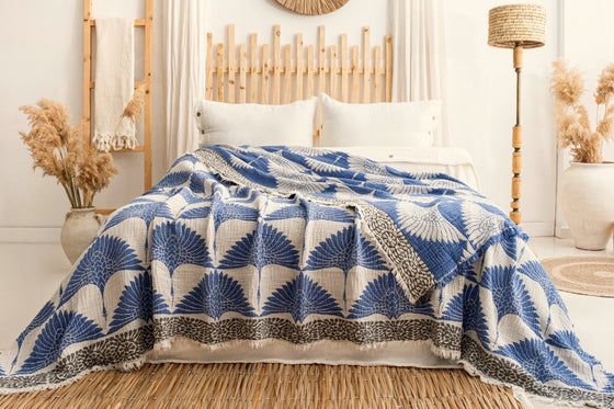 Jacquard Muslin Bed Blanket King/Queen-Blue Crane