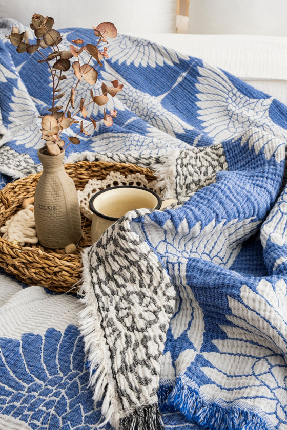 Jacquard Muslin Bed Blanket King/Queen-Blue Crane