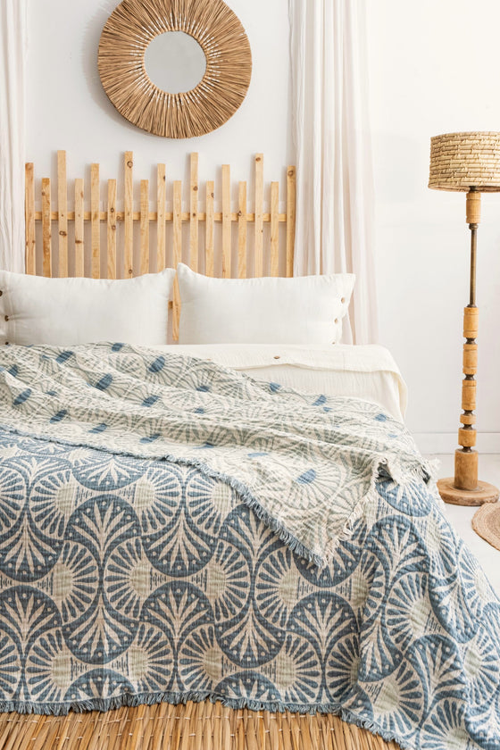 Jacquard Muslin Bed Blanket King/Queen-Teal Flower